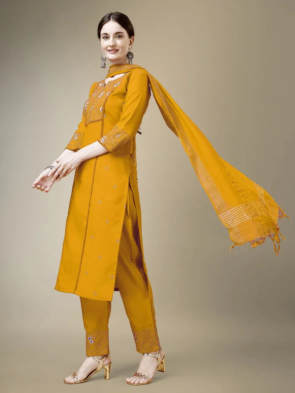Yellow Embroidered Cotton Kurta Set with Dupatta for Women
