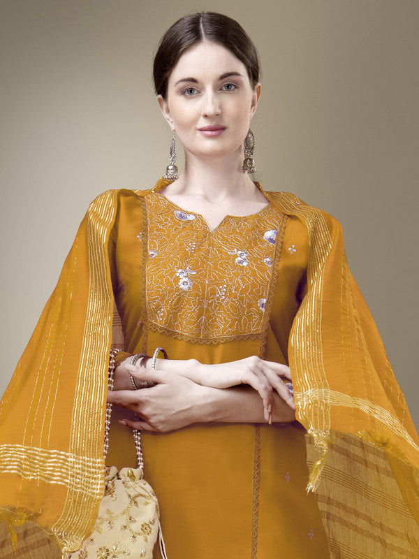 Yellow Embroidered Cotton Kurta Set with Dupatta for Women