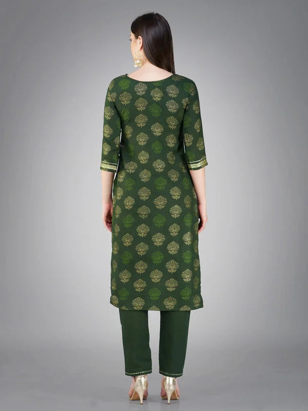 Dark Green Embroidered Cotton Kurta Set with Dupatta|Indian Sets