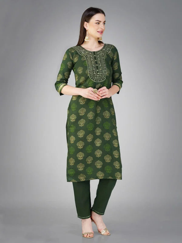 Dark Green Embroidered Cotton Kurta Set with Dupatta|Indian Sets