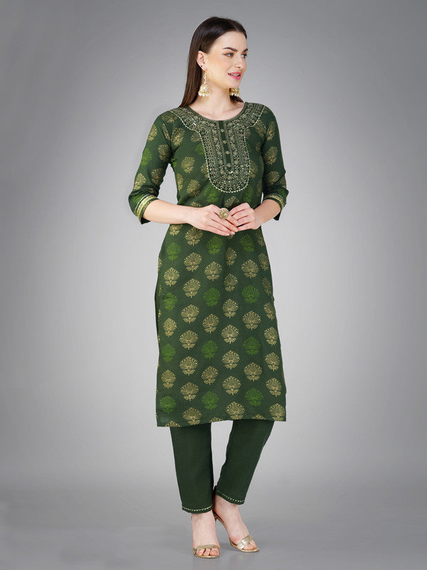 Dark Green Embroidered Cotton Kurta Set with Dupatta|Indian Sets
