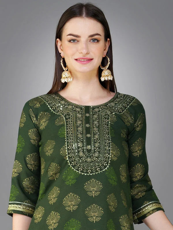 Dark Green Embroidered Cotton Kurta Set with Dupatta|Indian Sets