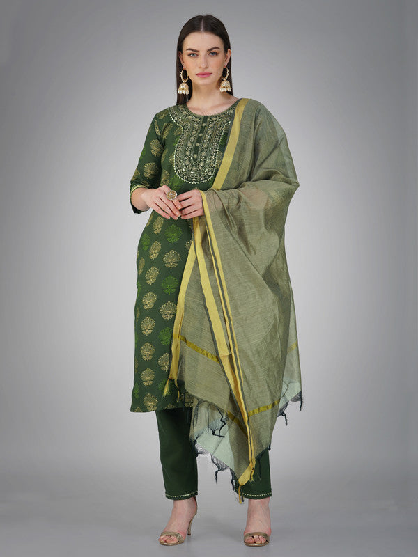 Dark Green Embroidered Cotton Kurta Set with Dupatta|Indian Sets