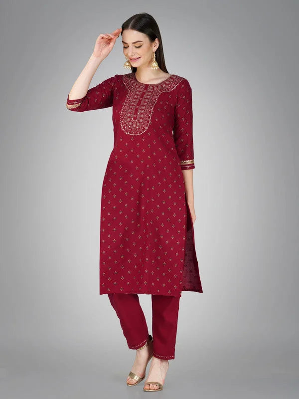 Maroon Women's Kurta Pant Dupatta Set - Cotton Kurta Sets