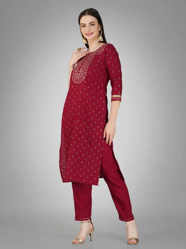 Maroon Women's Kurta Pant Dupatta Set - Cotton Kurta Sets