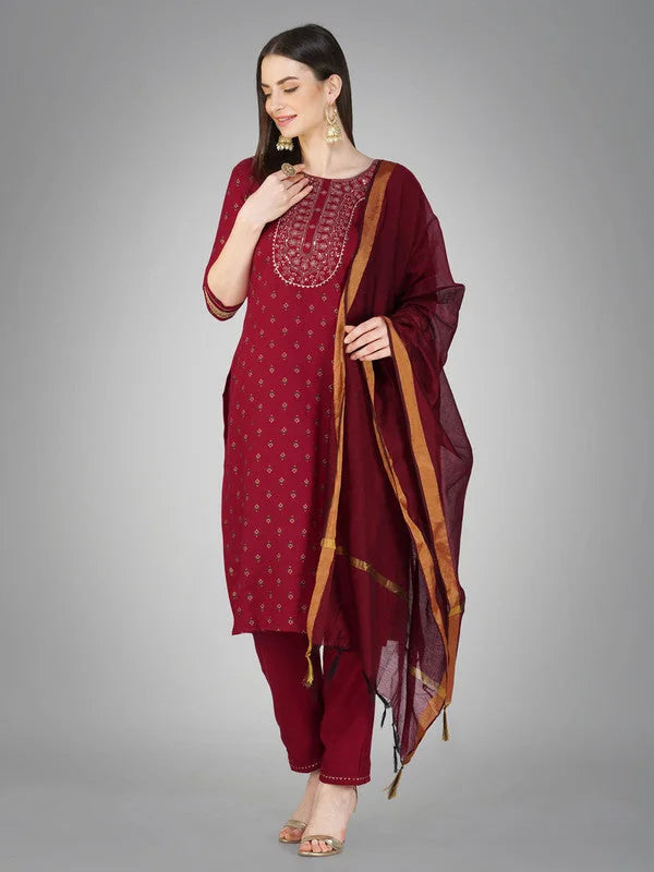 Maroon Women's Kurta Pant Dupatta Set - Cotton Kurta Sets