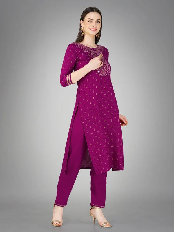 Purple Women's Kurta Sets | Embroidered Cotton Kurta Sets