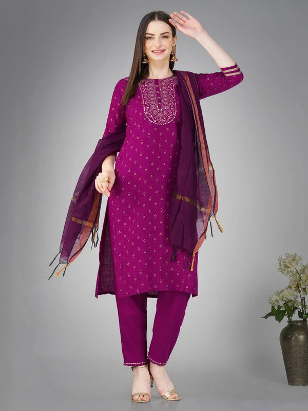 Purple Women's Kurta Sets | Embroidered Cotton Kurta Sets