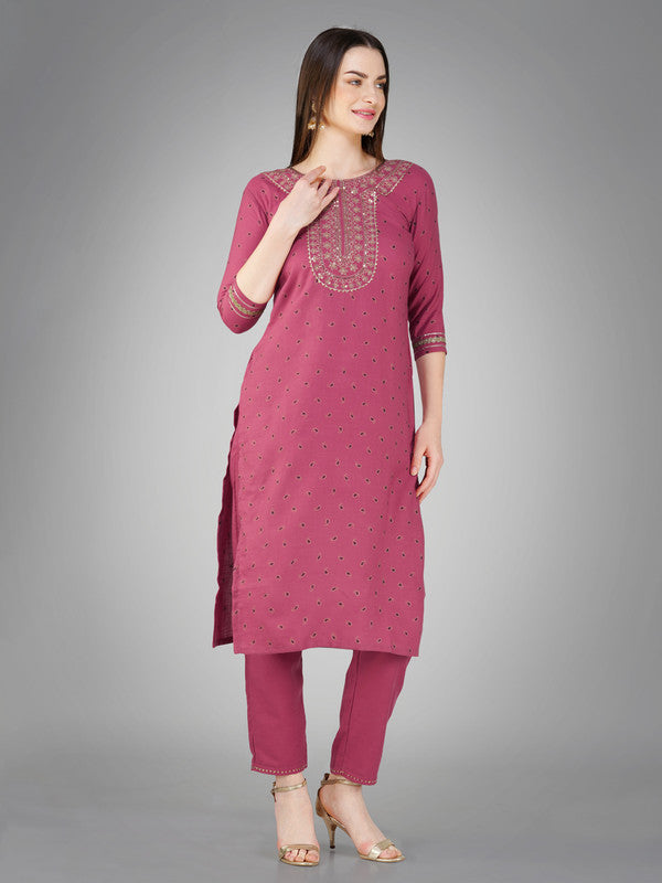 Wine Embroidered Cotton Kurta Set with Dupatta | Women's Kurta...
