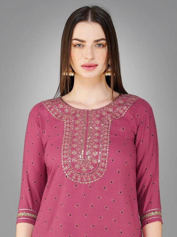 Wine Embroidered Cotton Kurta Set with Dupatta | Women's Kurta...