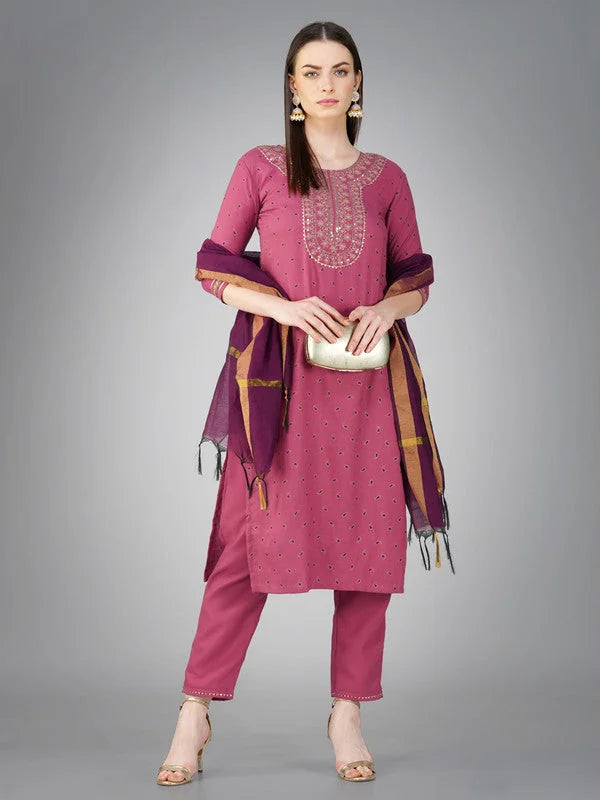 Wine Embroidered Cotton Kurta Set with Dupatta | Women's Kurta...