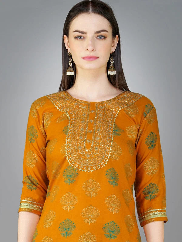Shop YELLOW Embroidered Cotton Kurta Set with Dupatta 