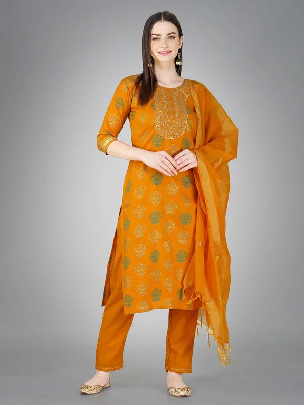 Shop YELLOW Embroidered Cotton Kurta Set with Dupatta 