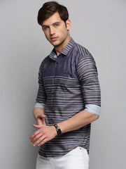 Men Grey Striped Casual Shirt-LARGEPRINT-2081-Grey