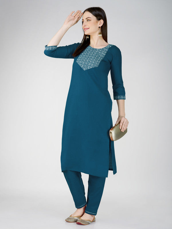 Women's Kurta Sets - Embroidered Cotton Kurta Set with Dupatta