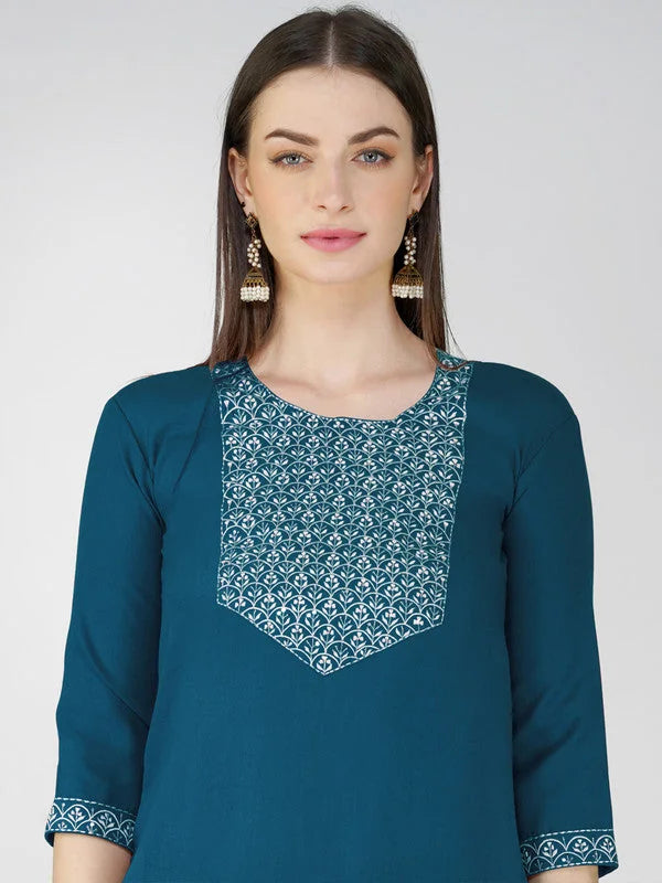 Women's Kurta Sets - Embroidered Cotton Kurta Set with Dupatta