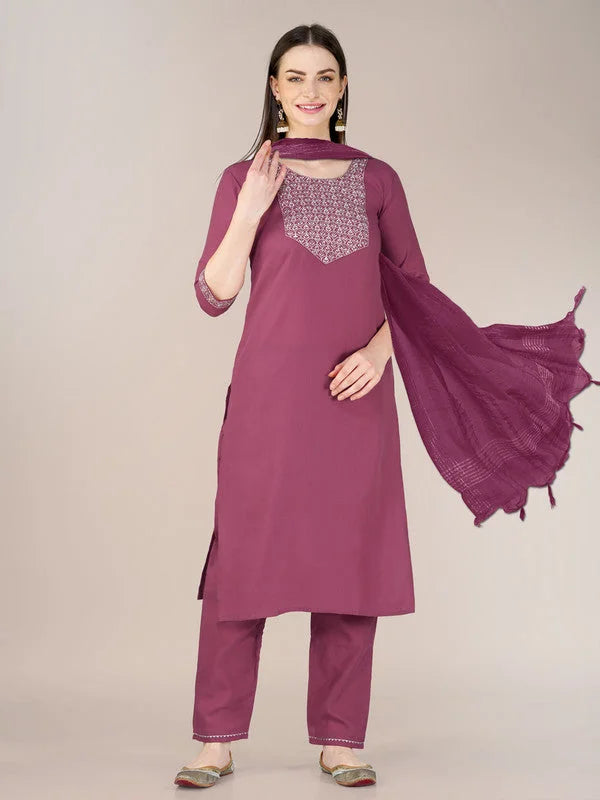 Wine Embroidered Cotton Kurta Set for Women with Dupatta