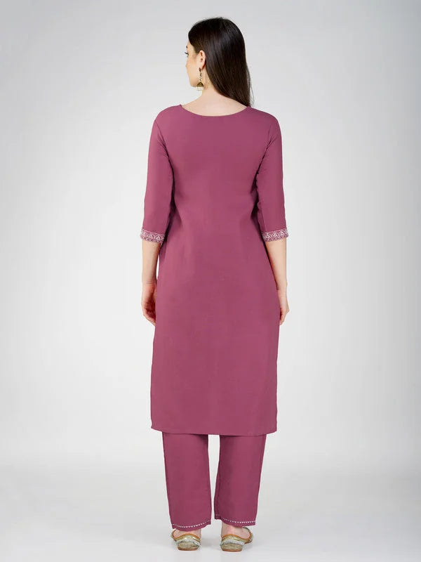 Wine Embroidered Cotton Kurta Set for Women with Dupatta