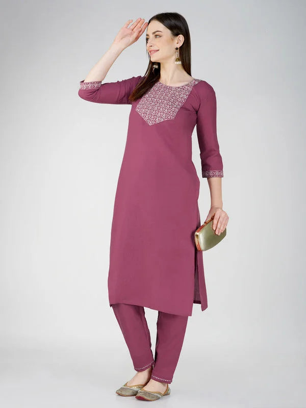 Wine Embroidered Cotton Kurta Set for Women with Dupatta
