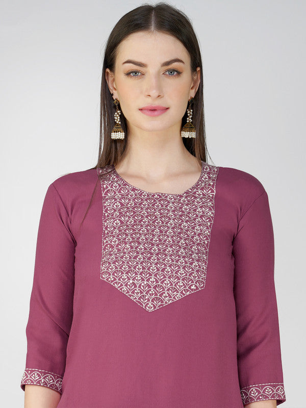 Wine Embroidered Cotton Kurta Set for Women with Dupatta