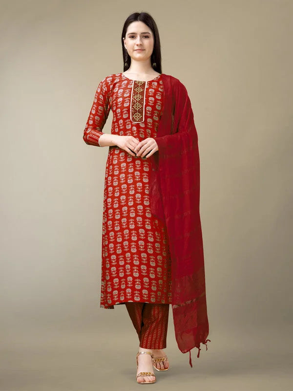 Maroon Embroidered Rayon Women's Kurta Set with Dupatta
