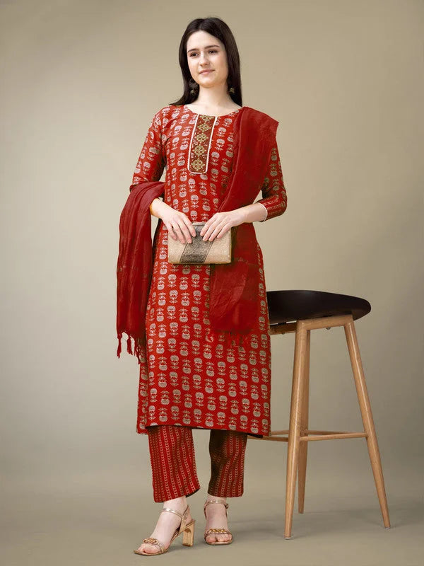 Maroon Embroidered Rayon Women's Kurta Set with Dupatta