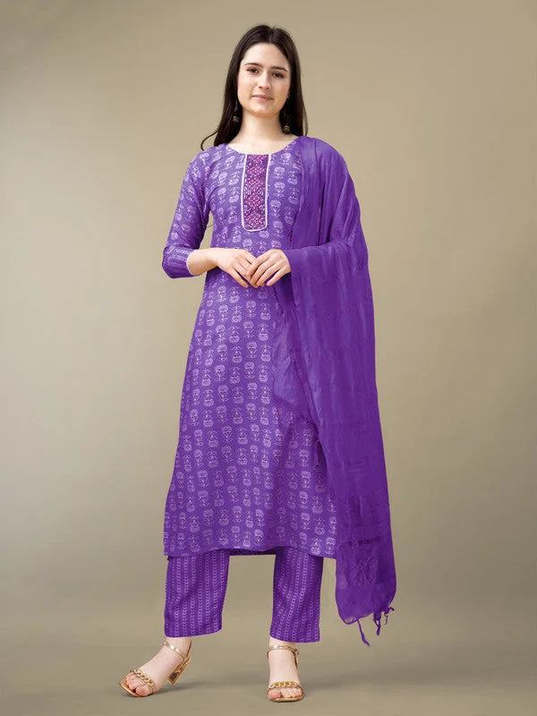 Women Kurta Pant Dupatta Set-1131PURPLE