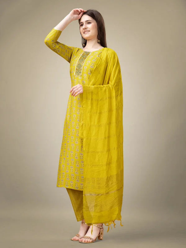 Yellow Embroidered Women's Kurta Set with Dupatta