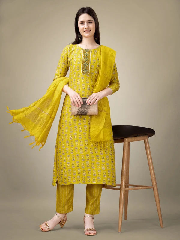 Yellow Embroidered Women's Kurta Set with Dupatta