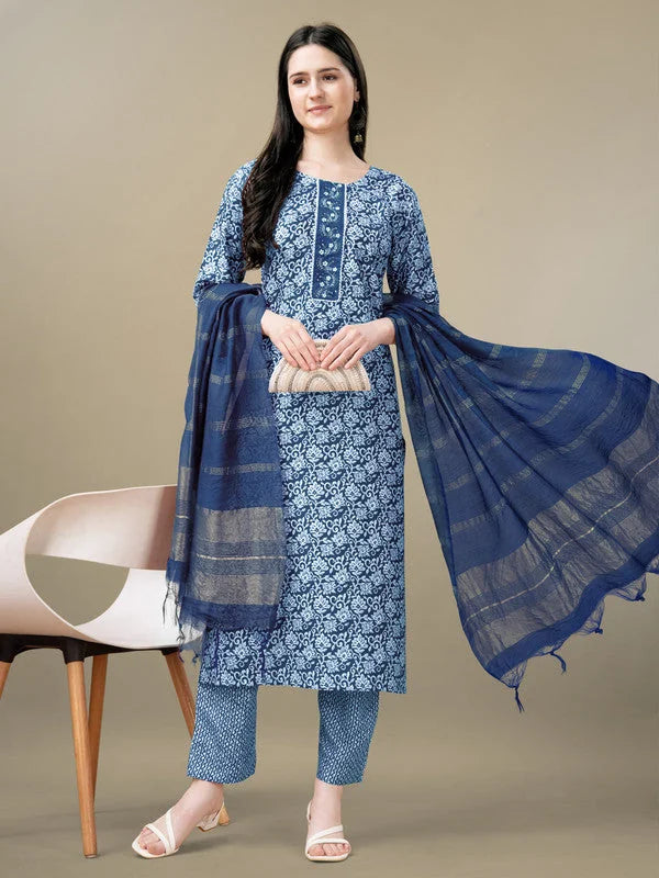 Light Blue Embroidered Women's Kurta Set with Dupatta