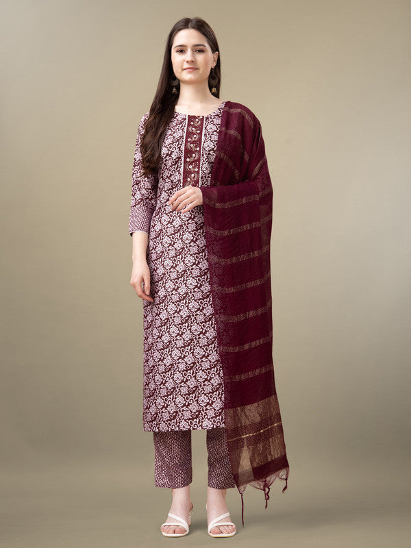 Maroon Embroidered Women's Kurta Set with Dupatta