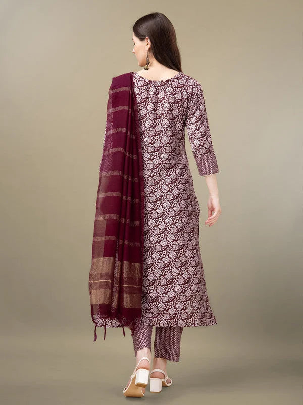 Maroon Embroidered Women's Kurta Set with Dupatta