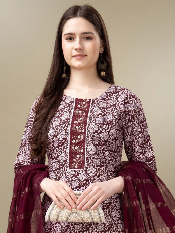 Maroon Embroidered Women's Kurta Set with Dupatta