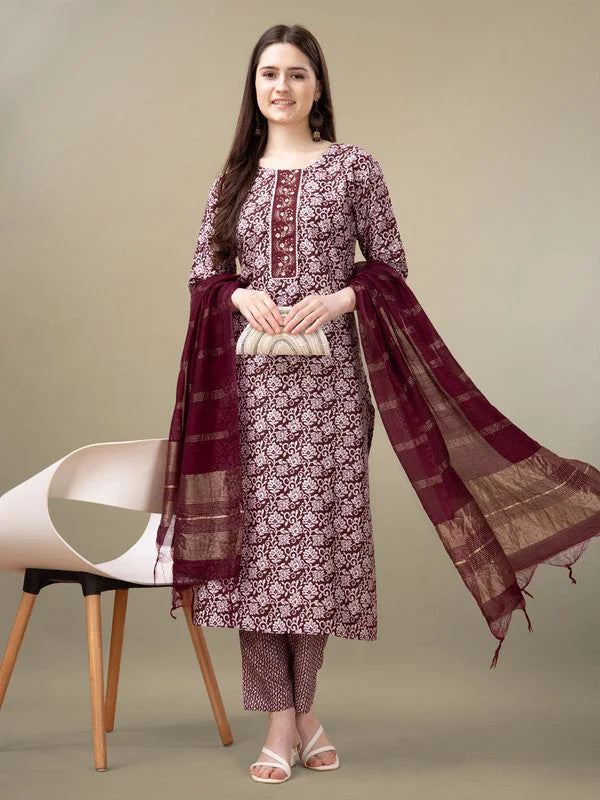 Maroon Embroidered Women's Kurta Set with Dupatta