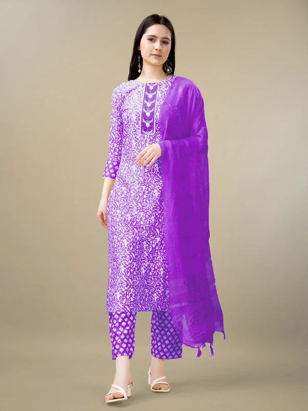 Purple Women's Kurta Set with Dupatta - Embroidered Rayon