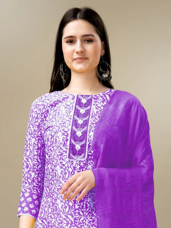 Purple Women's Kurta Set with Dupatta - Embroidered Rayon