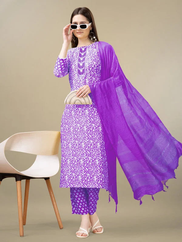 Purple Women's Kurta Set with Dupatta - Embroidered Rayon