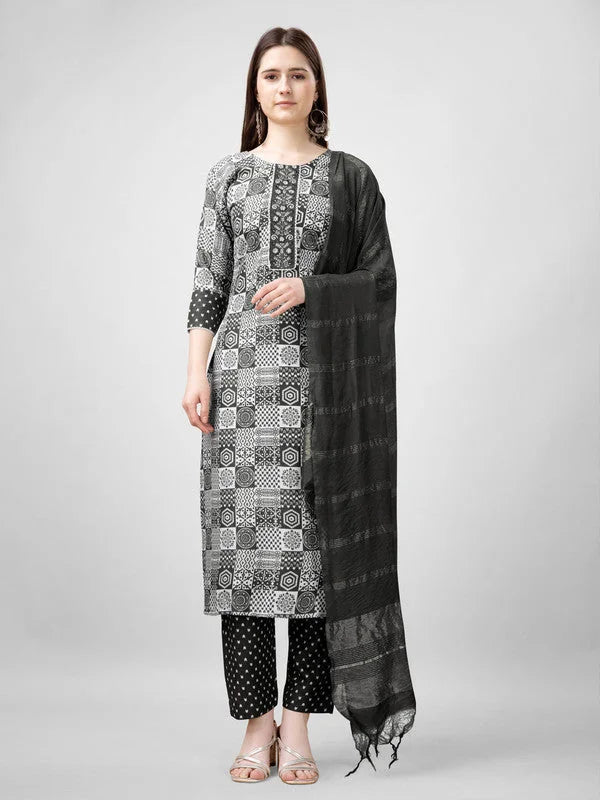 Women Kurta Pant Dupatta Set-1135BLACK