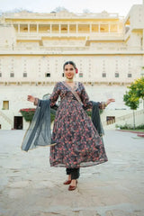 Black Chinon Floral Embroidered Angrakha Pant & Dupatta set