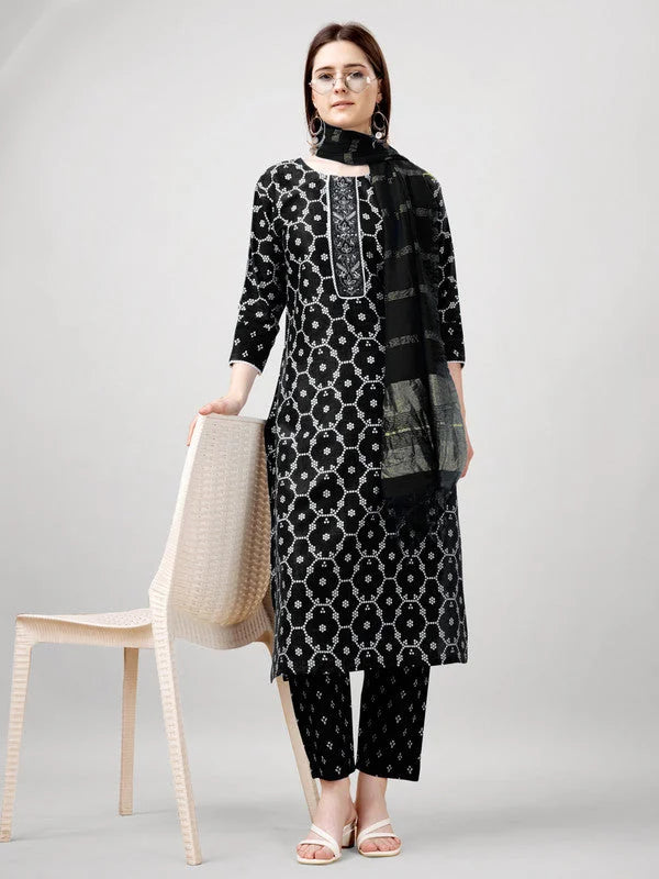 Black Rayon Kurta Set with Dupatta - Women's Indian Kurta Sets