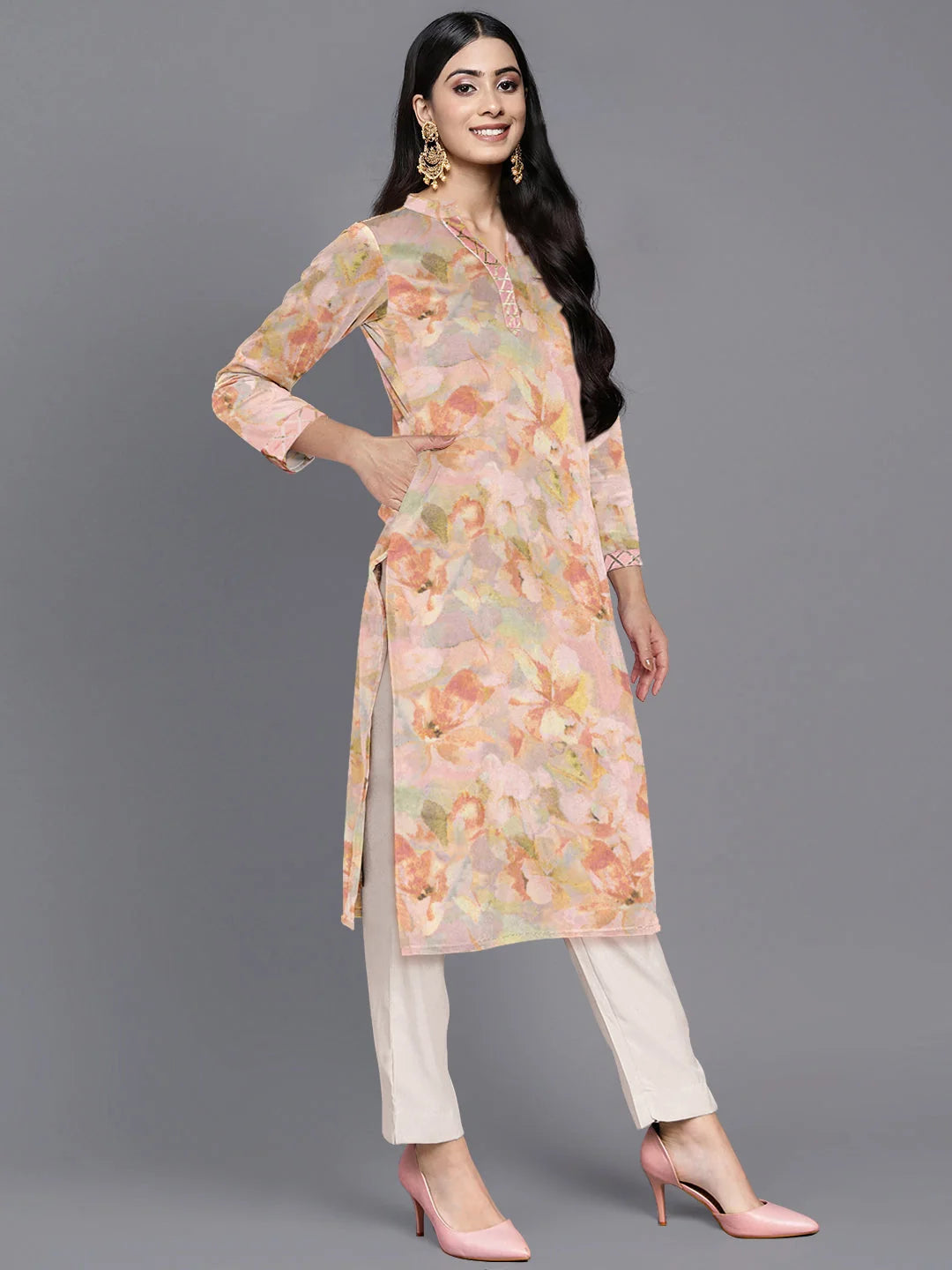 Abstract Print Gotta Patti Velvet Indian Kurta for Women
