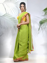 Parrot Green Linen Saree With Sequined Work In Stripes-MA56LN331160042