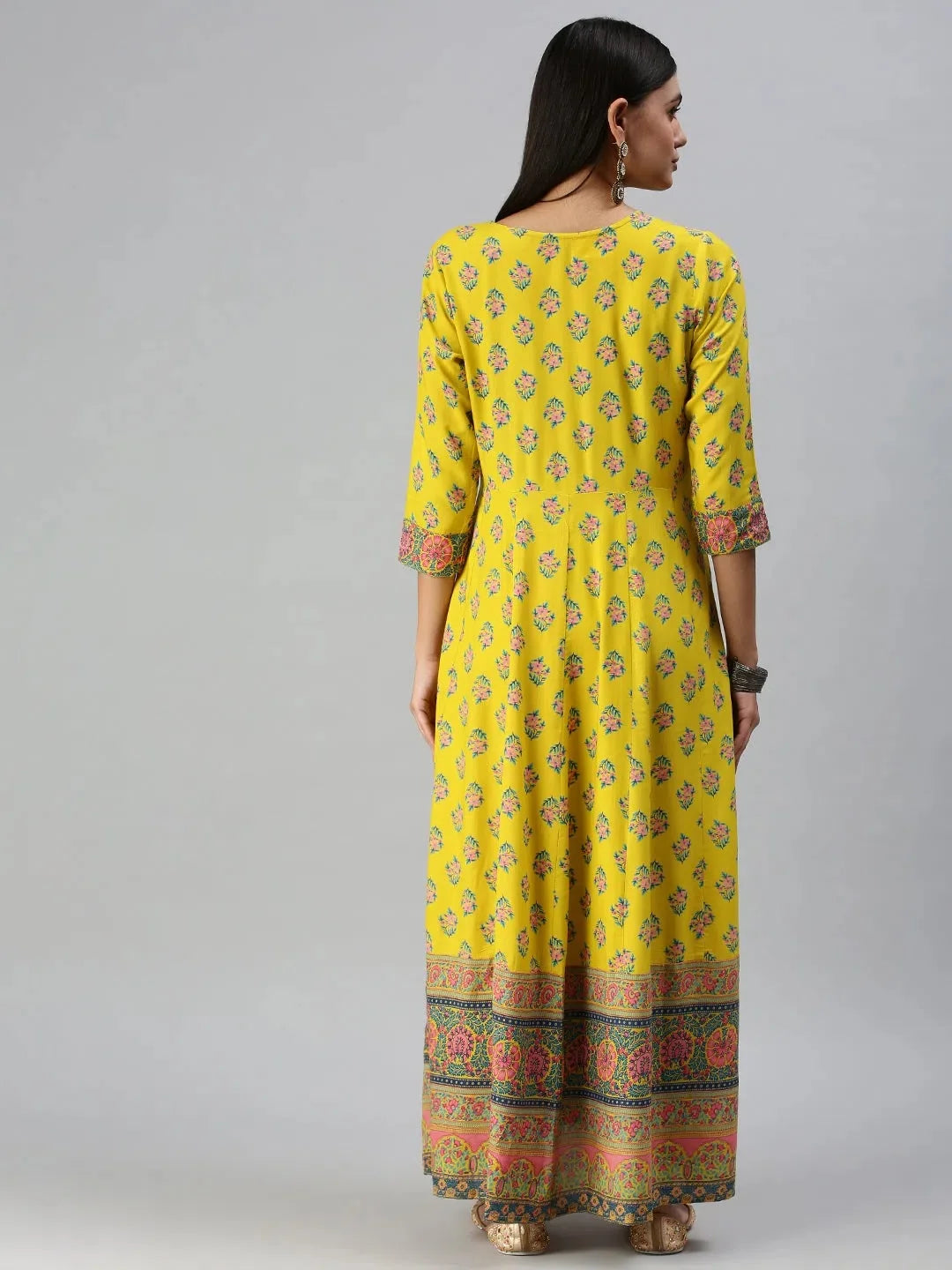 Yellow Printed Anarkali Kurti | Women's Cotton Anarkali Dress