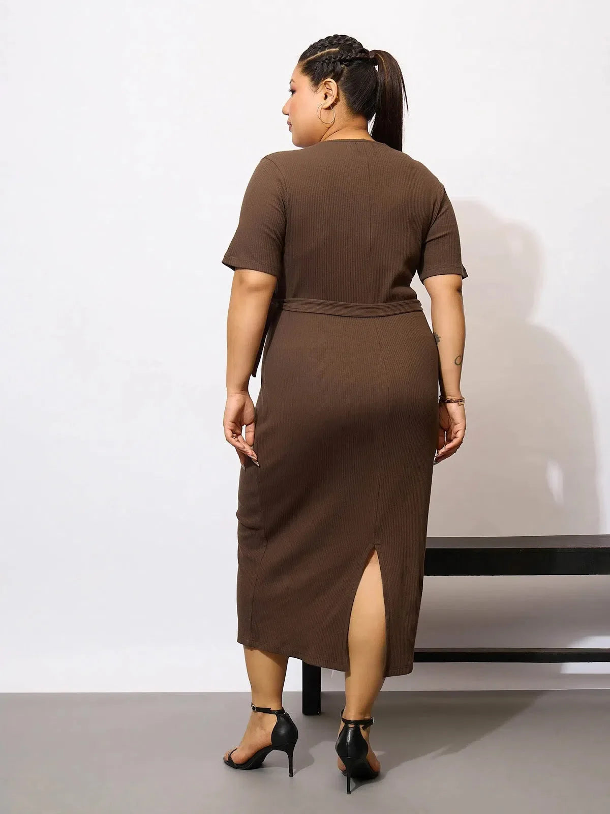 Brown Rib Knit Bodycon Midi Dress | Women's Western Wear