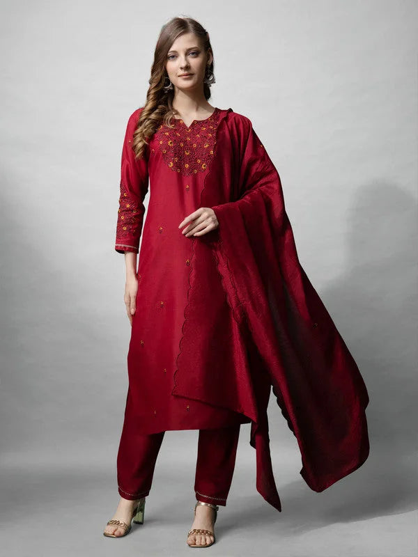 Maroon Women's Kurta Set with Dupatta | Cotton Kurta Sets