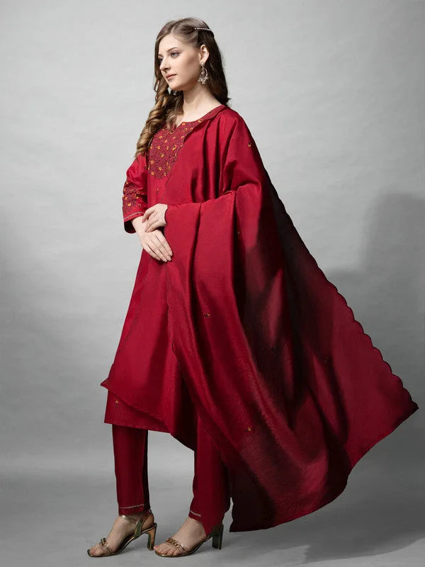 Maroon Women's Kurta Set with Dupatta | Cotton Kurta Sets