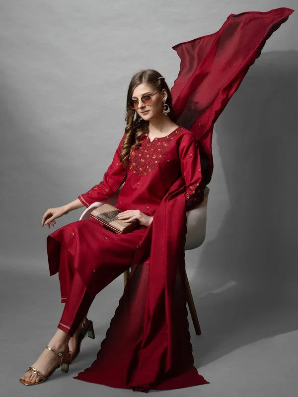 Maroon Women's Kurta Set with Dupatta | Cotton Kurta Sets