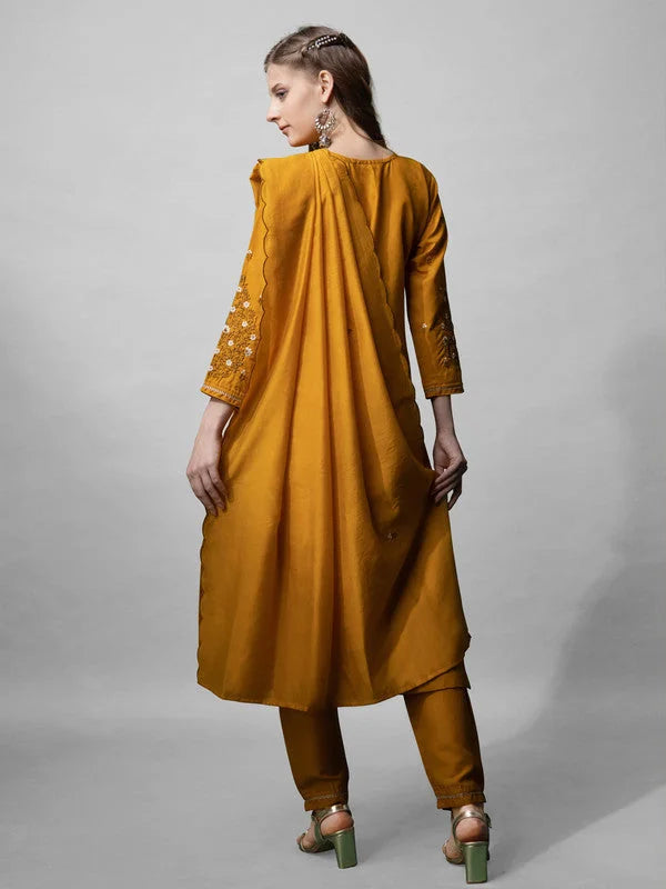 Mustard Embroidered Cotton Kurta Set with Dupatta for Women