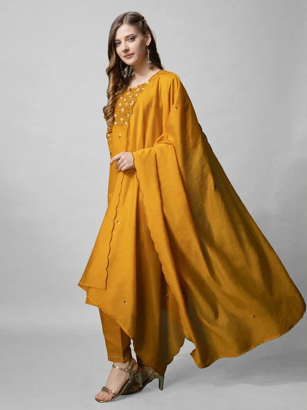 Mustard Embroidered Cotton Kurta Set with Dupatta for Women