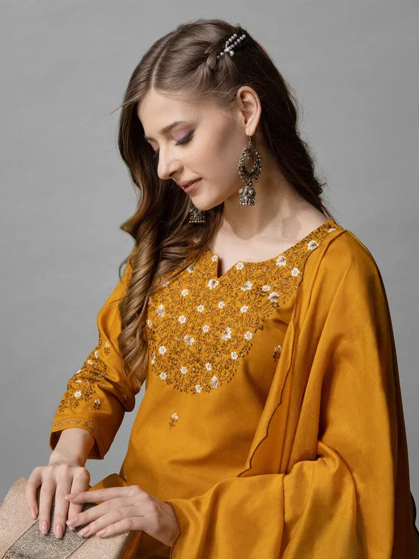 Mustard Embroidered Cotton Kurta Set with Dupatta for Women